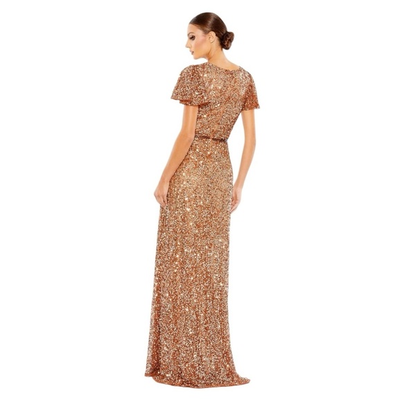 Mac Duggal Copper Sequined Wrap Over 18 Butterfly Sleeve Draped Gown Formal - Picture 2 of 12